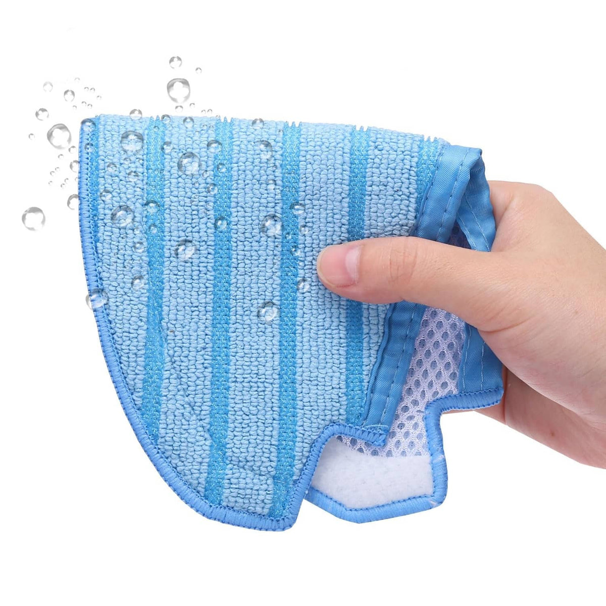 Blue striped cotton mop pad being held; water droplets on cleaning cloth
