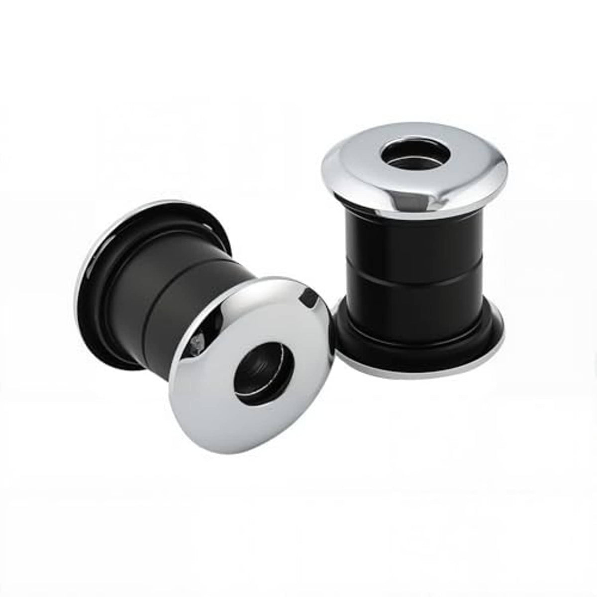 Handlebar riser bushings: black rubber sleeves with chrome flanged caps, two-piece set