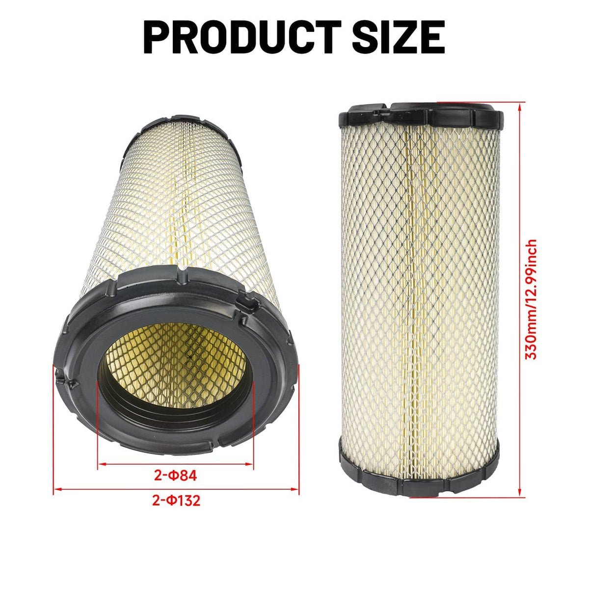 Air filter cartridge showing circular end opening and pleated mesh media; size view