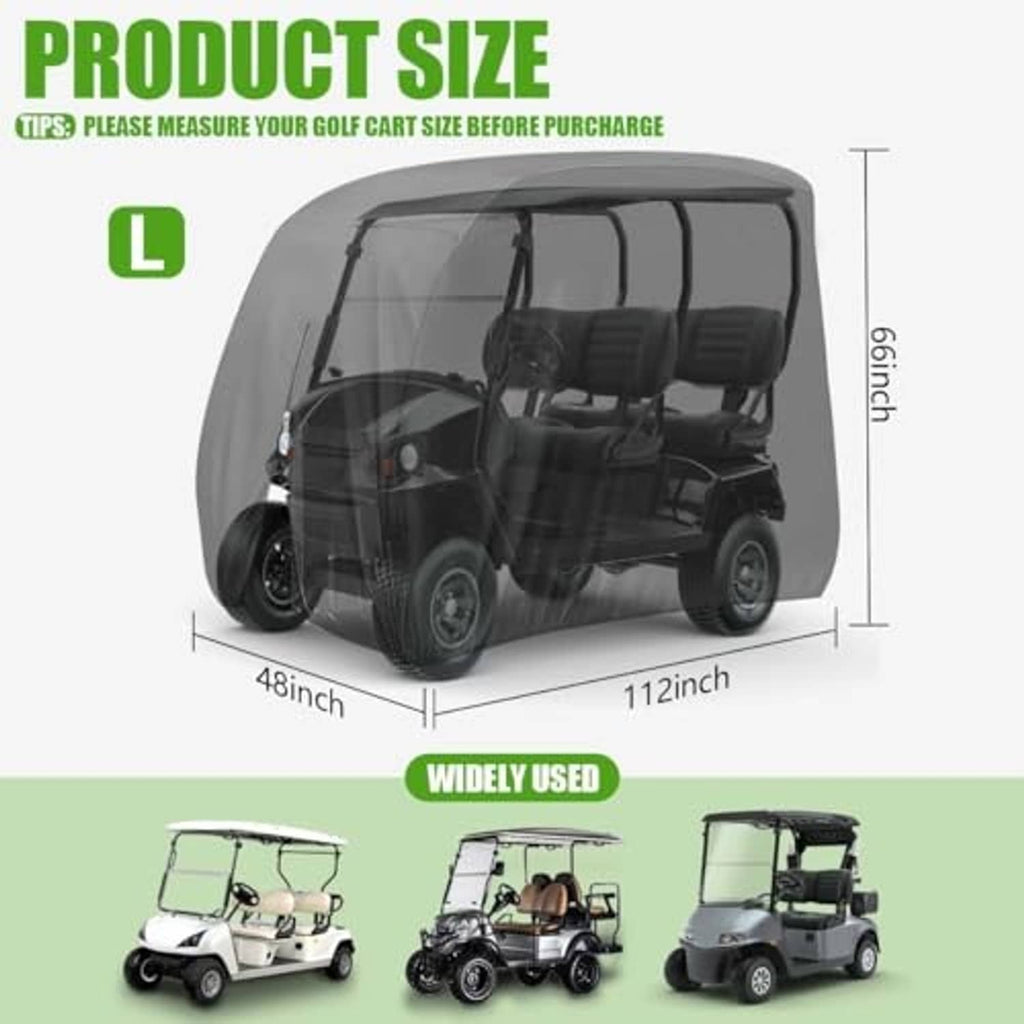 Golf cart cover size diagram with front-to-back length marking for 4-passenger fit