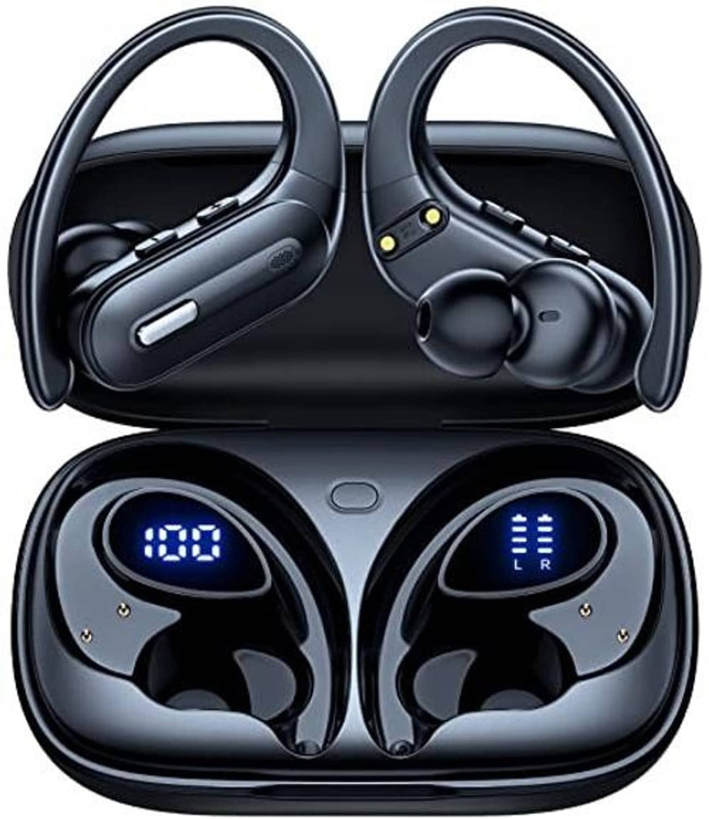 Black wireless earbuds and charging case, earbuds resting in open compartment