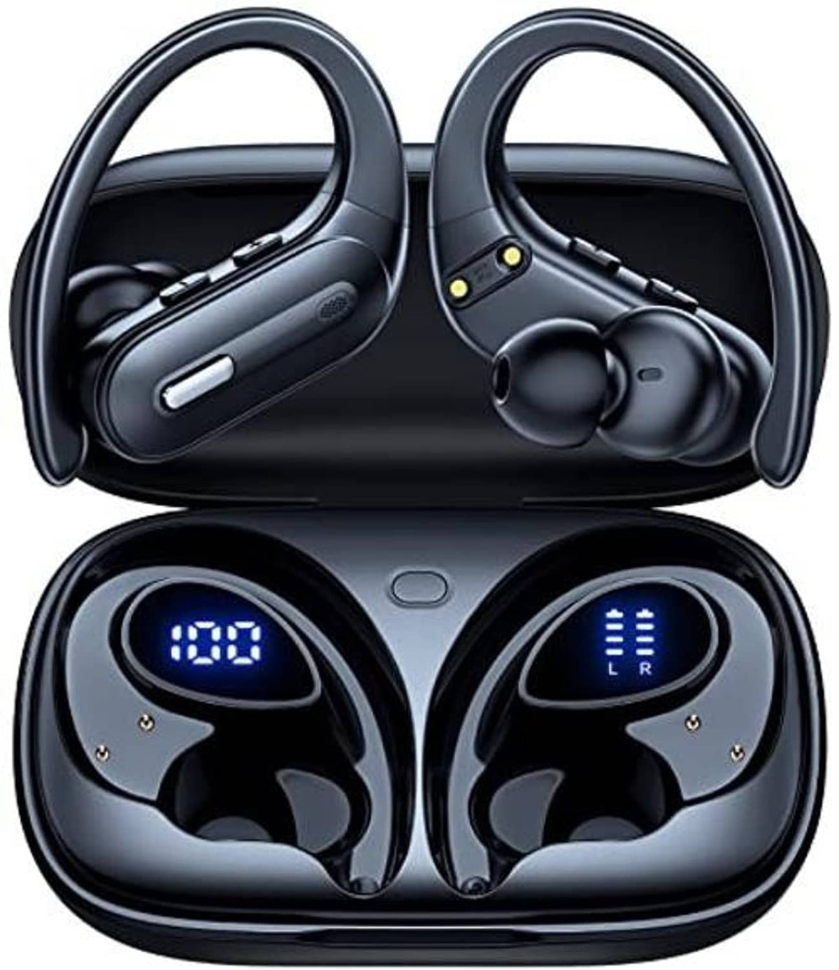 Black wireless earbuds and charging case, earbuds resting in open compartment