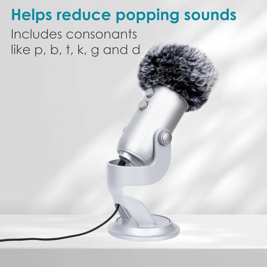 Gray furry windscreen pop filter on a silver microphone body with shock mount stand