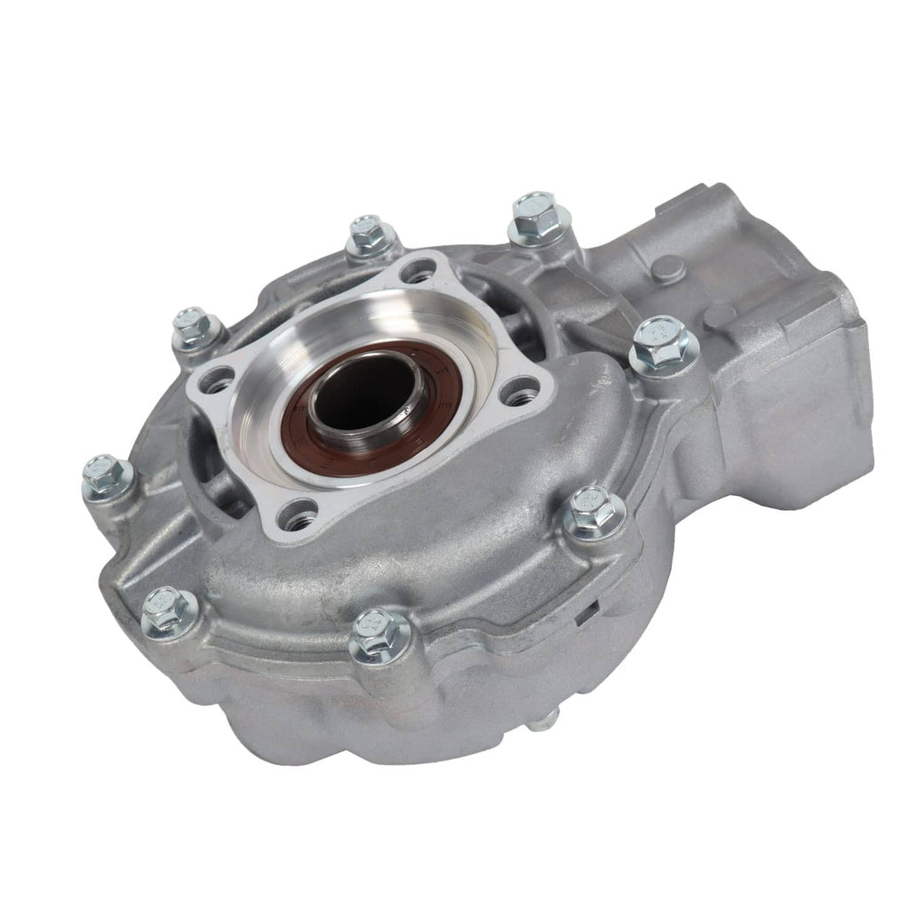 Rear differential gear case three-quarter view with machined flange and seal bore