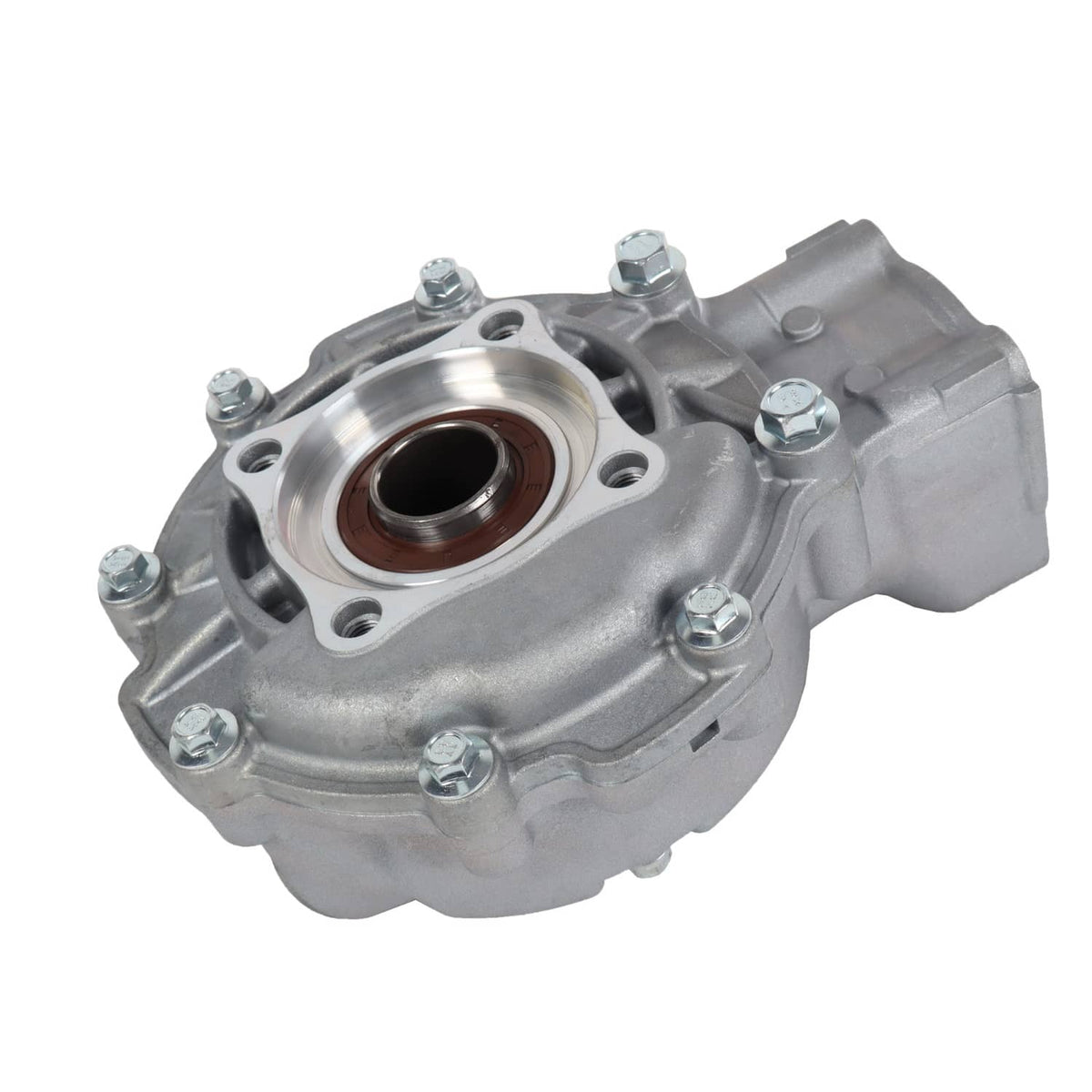 Rear differential gear case three-quarter view with machined flange and seal bore