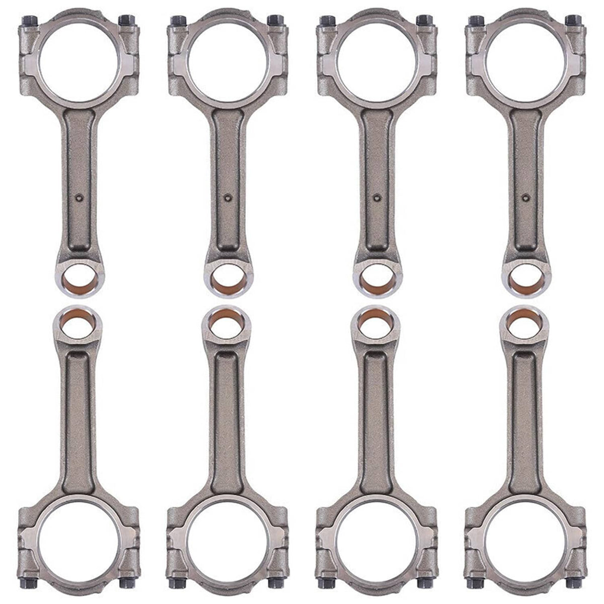 Eight connecting rods showing two-piece shapes, silver steel and bronze bearing inserts