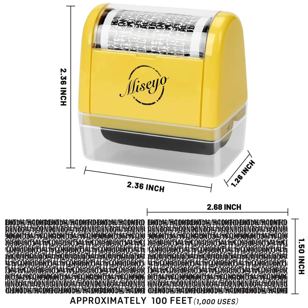 Yellow and clear roller stamp showing size dimensions and a black stamped text strip
