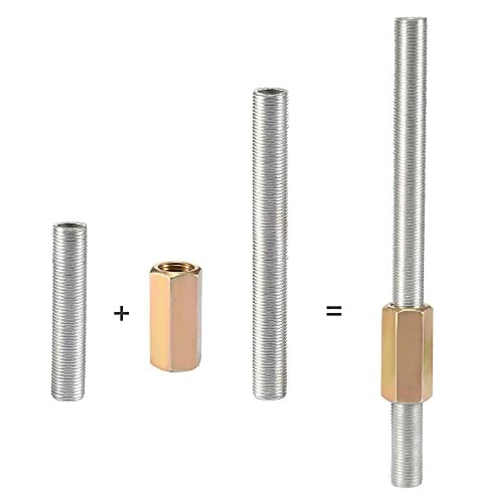 Hex coupling nut stud adapter shown with M10 threaded rods and sleeve