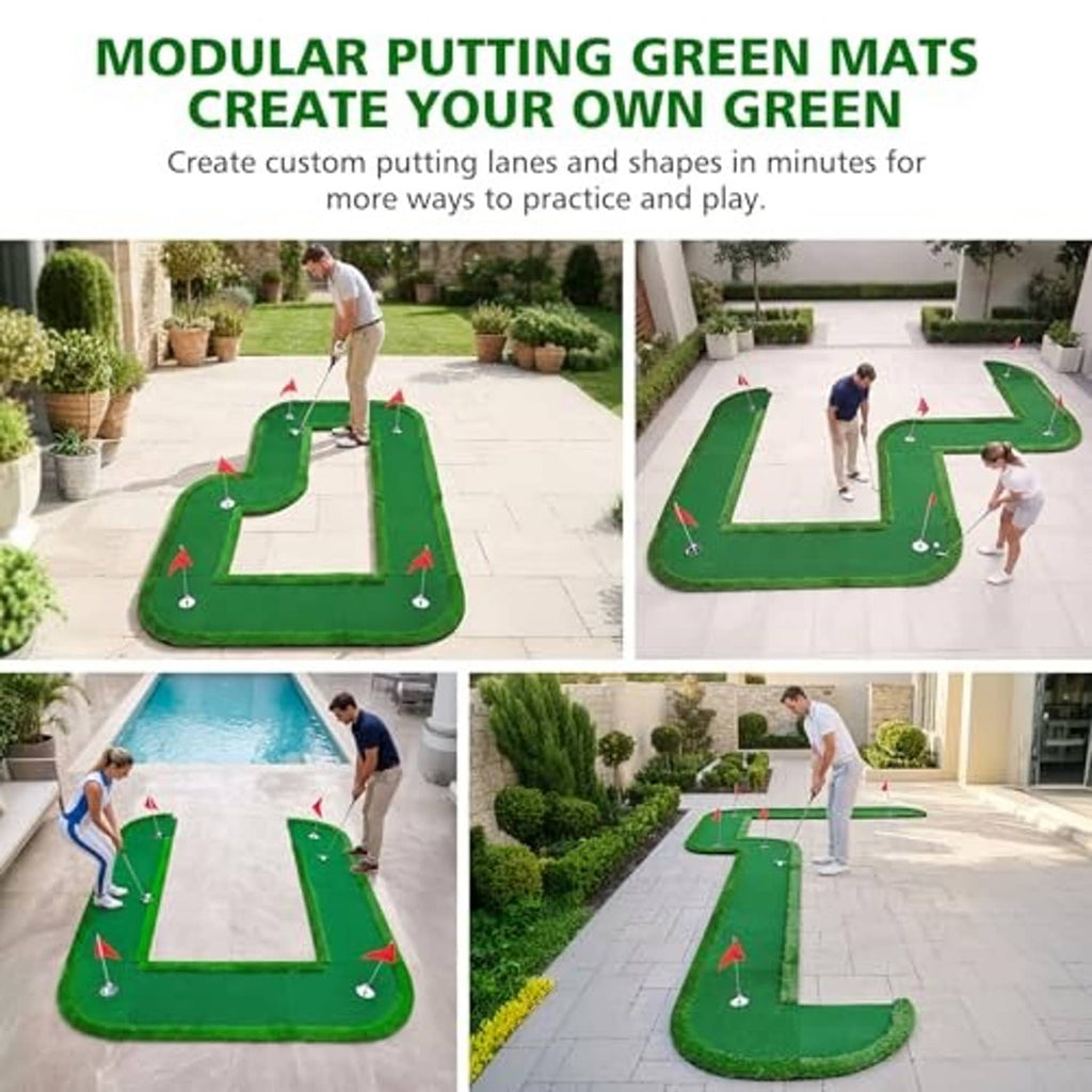 Modular putting green mats connecting to form custom lanes with red flag holes