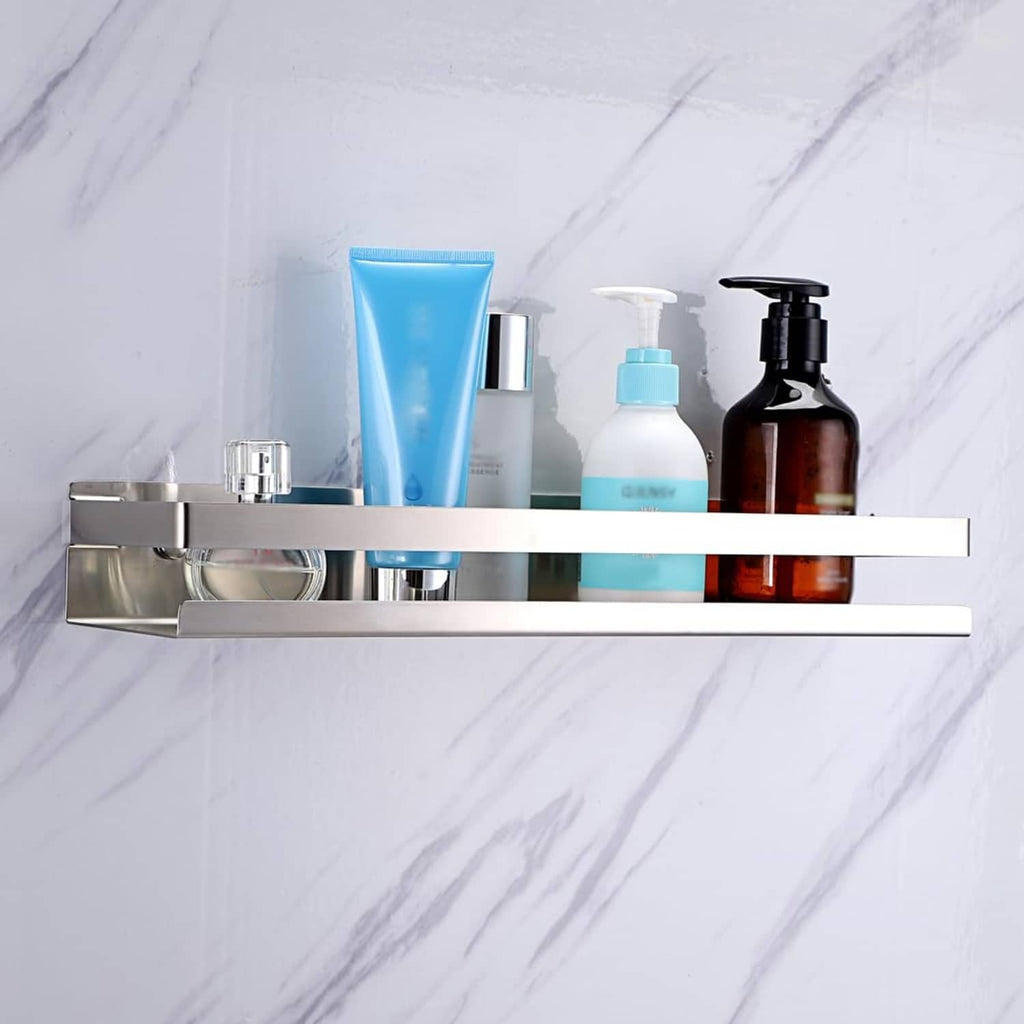 Stainless steel shower shelf with two bars holding toiletries and bottles