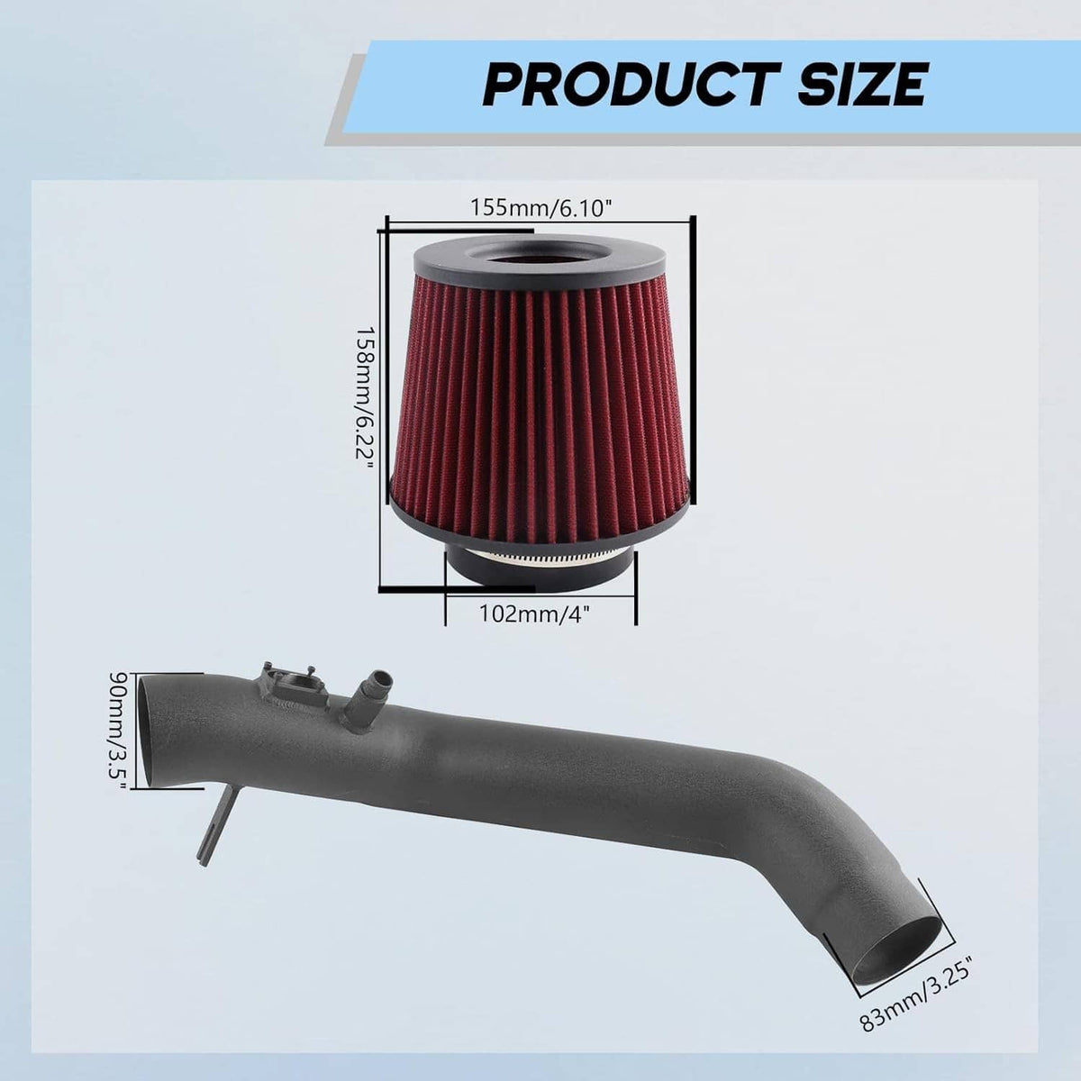 Air filter and black intake tube, shown with size measurements