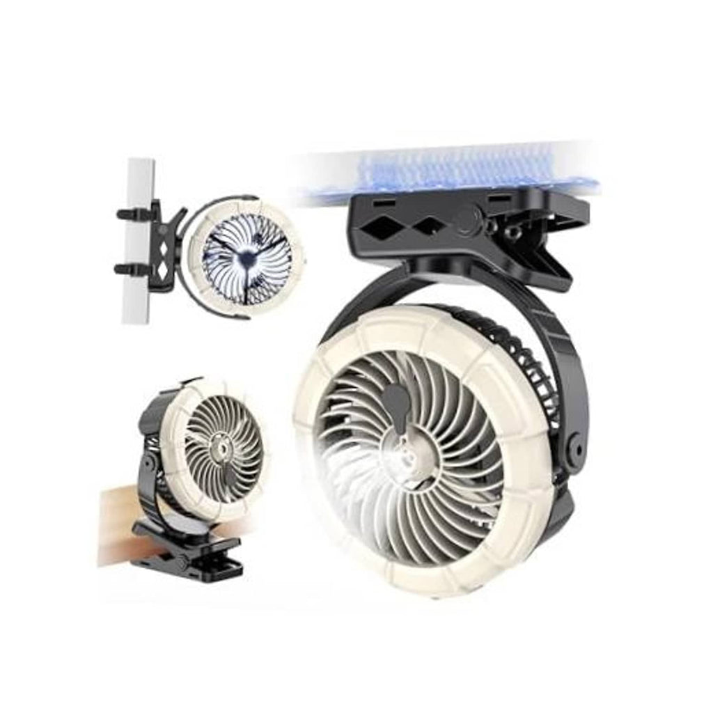 Portable clip-on mist fan in white with front grille and black magnetic mount
