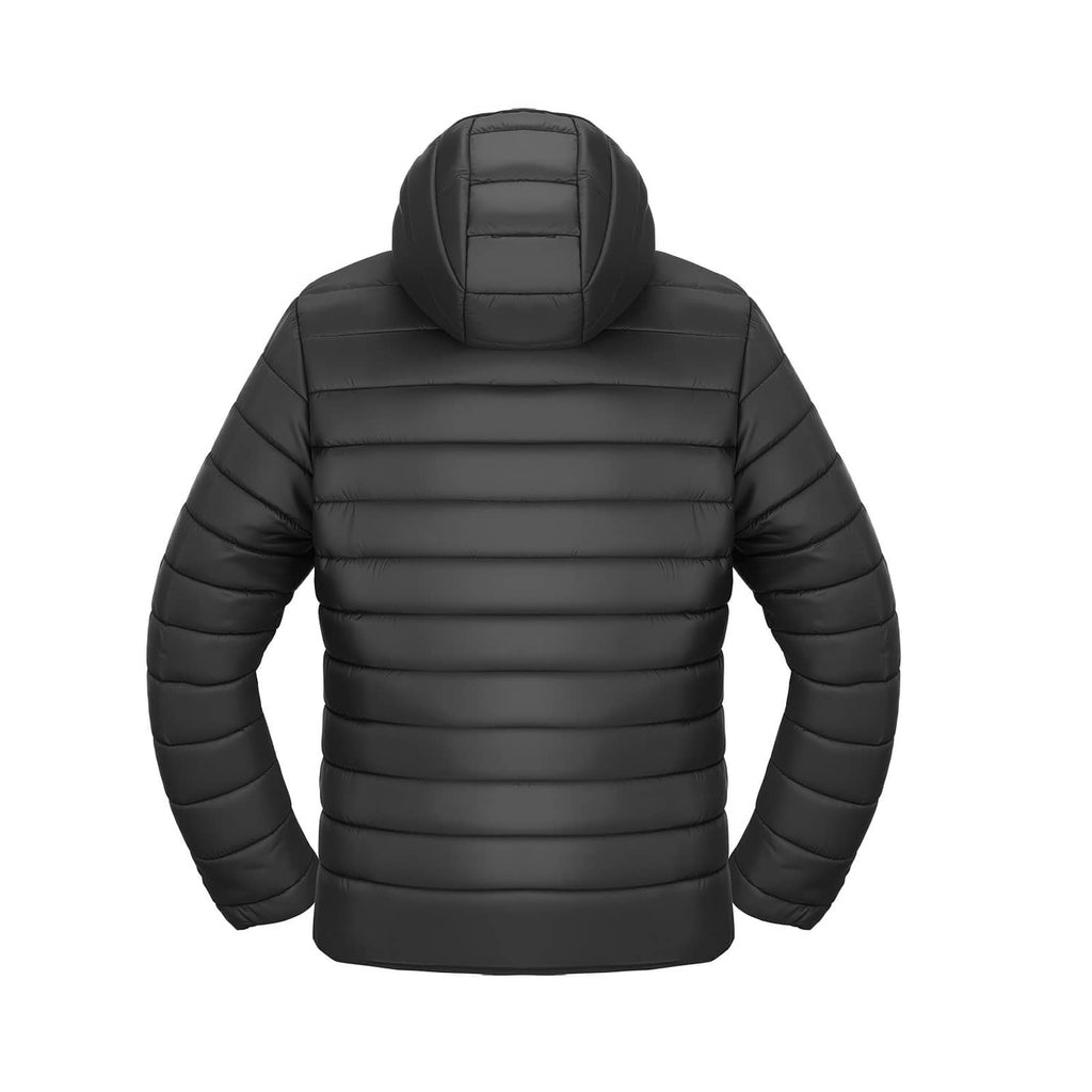 Black heated men’s hooded puffer jacket back view with padded quilting and zipper