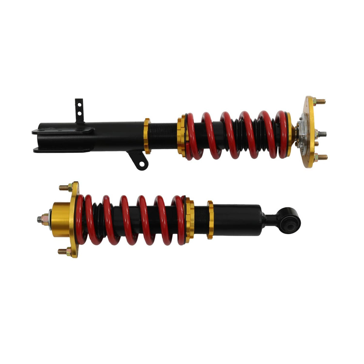Coilover strut pair side view with red springs, black shock bodies, and gold top plates.