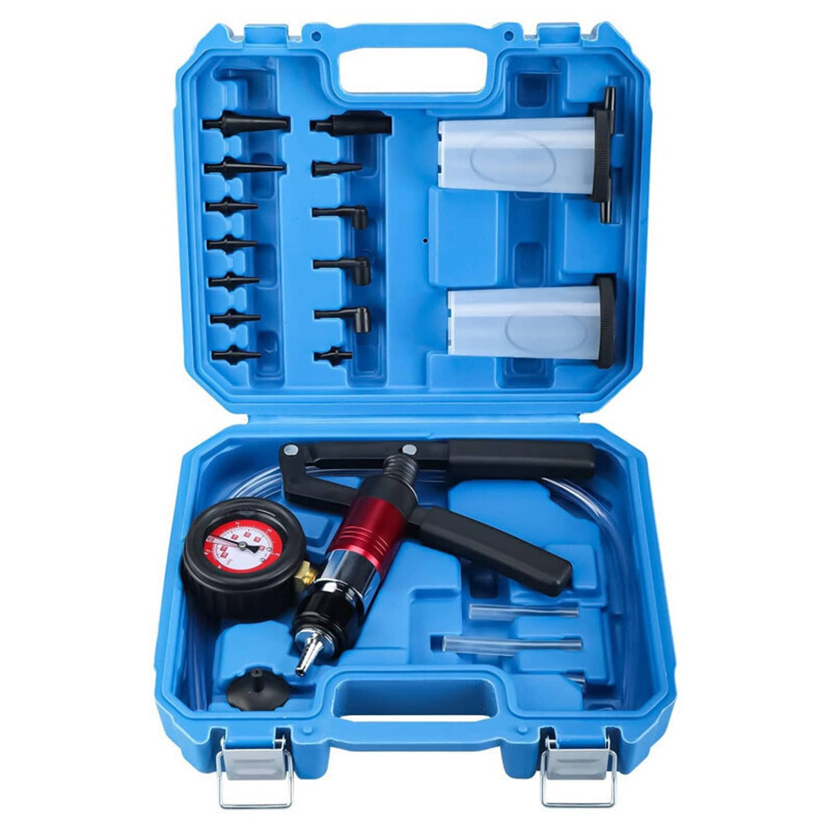 Brake fluid vacuum pressure pump bleeder kit with gauge, hose, and storage case