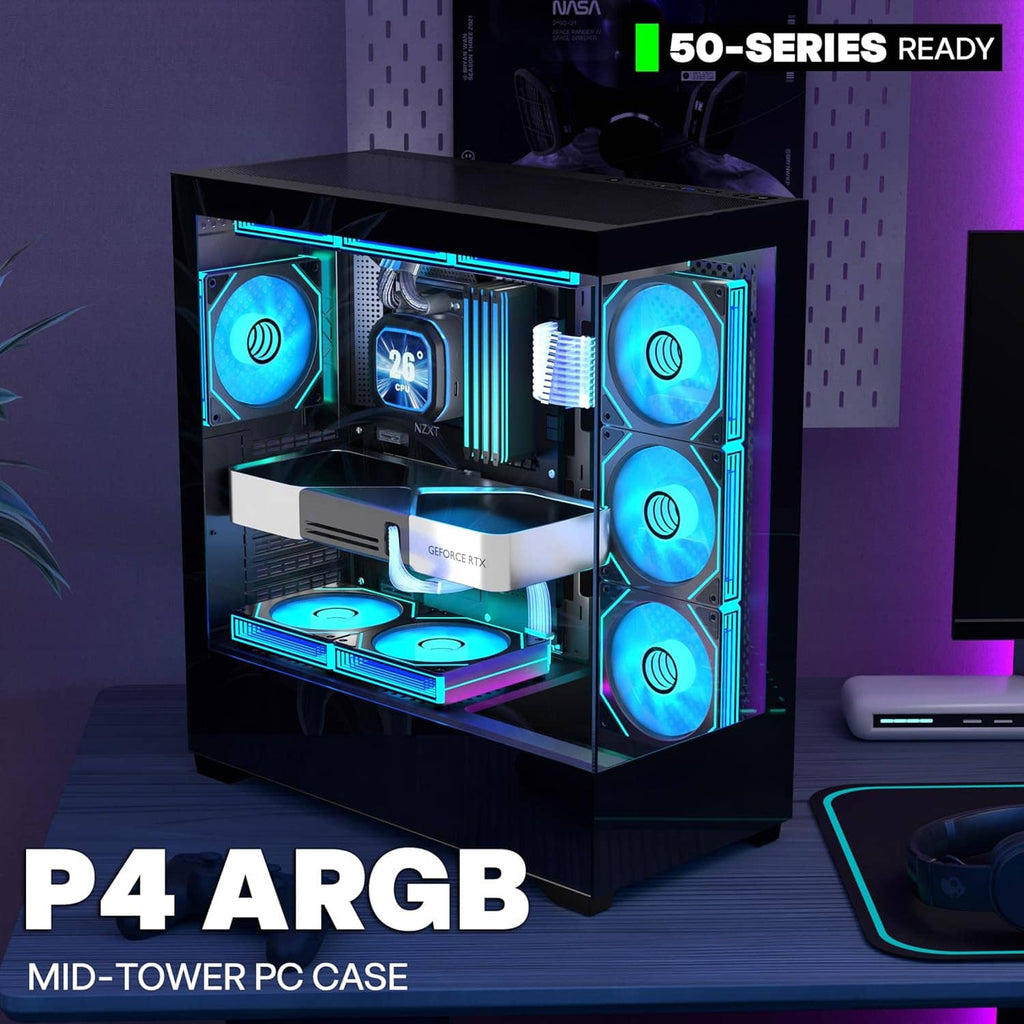 RGB-lit mid-tower PC case with open front and windowed side showing fans