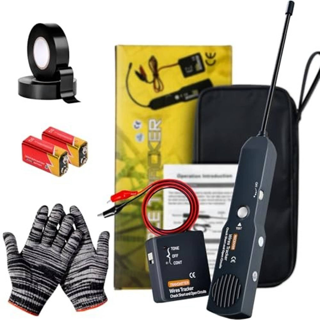 Wire tracer kit with receiver unit, long probe, test leads, gloves, and accessory tape