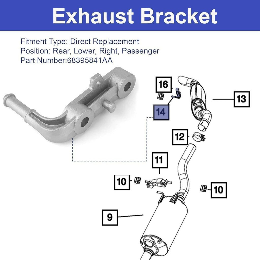 Exhaust bracket diagram with silver mounting bracket and curved tailpipe support