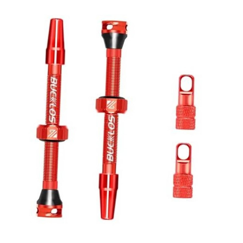 Red Presta valve stem kit with caps, including 55mm valve stem