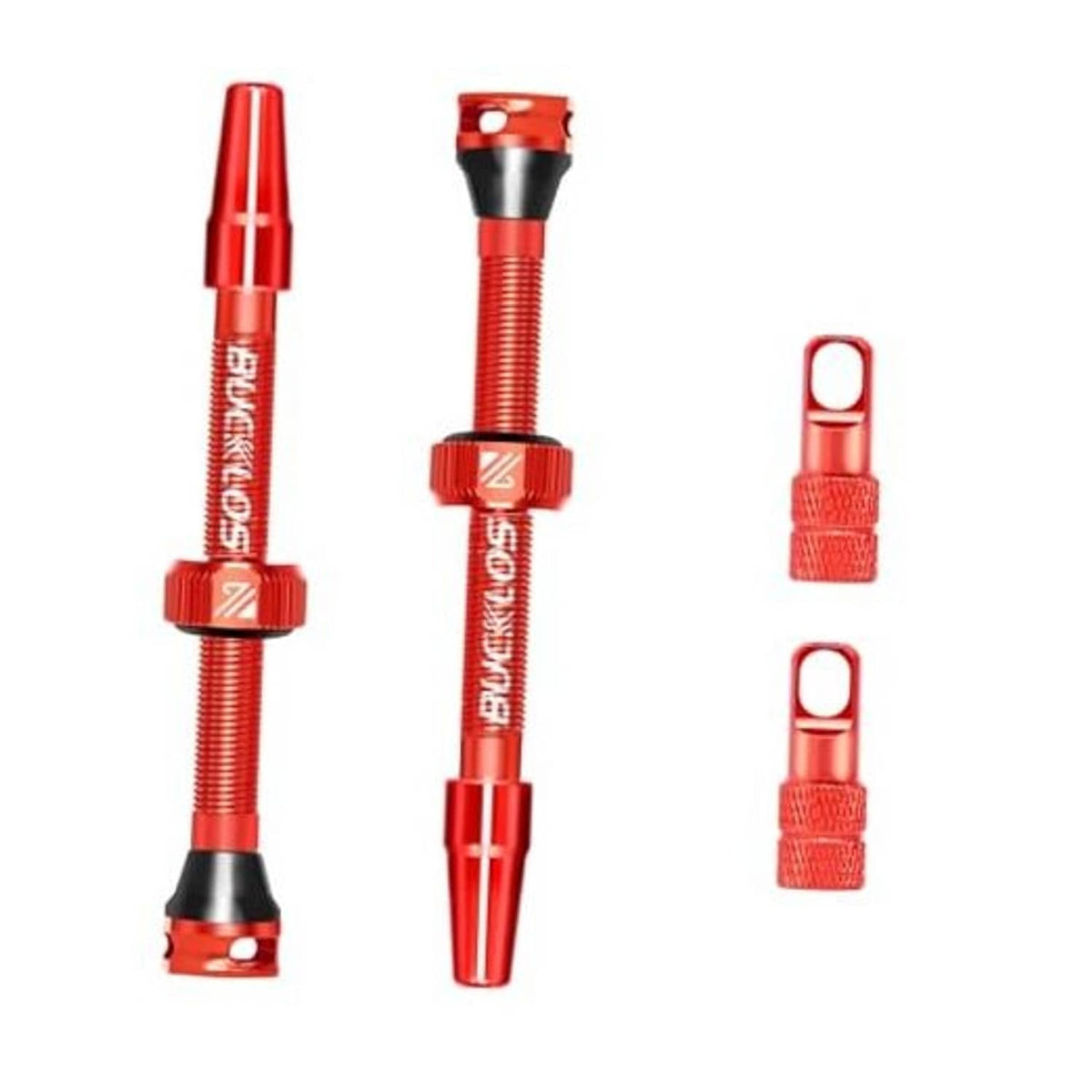 Red Presta valve stem kit with caps, including 55mm valve stem