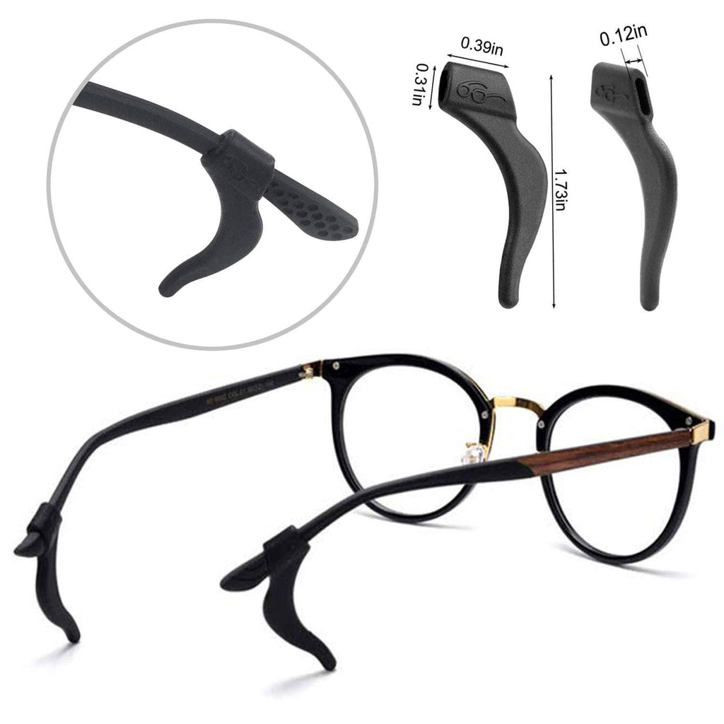 Silicone eyeglass retainer grips for temples, shown with size measurements