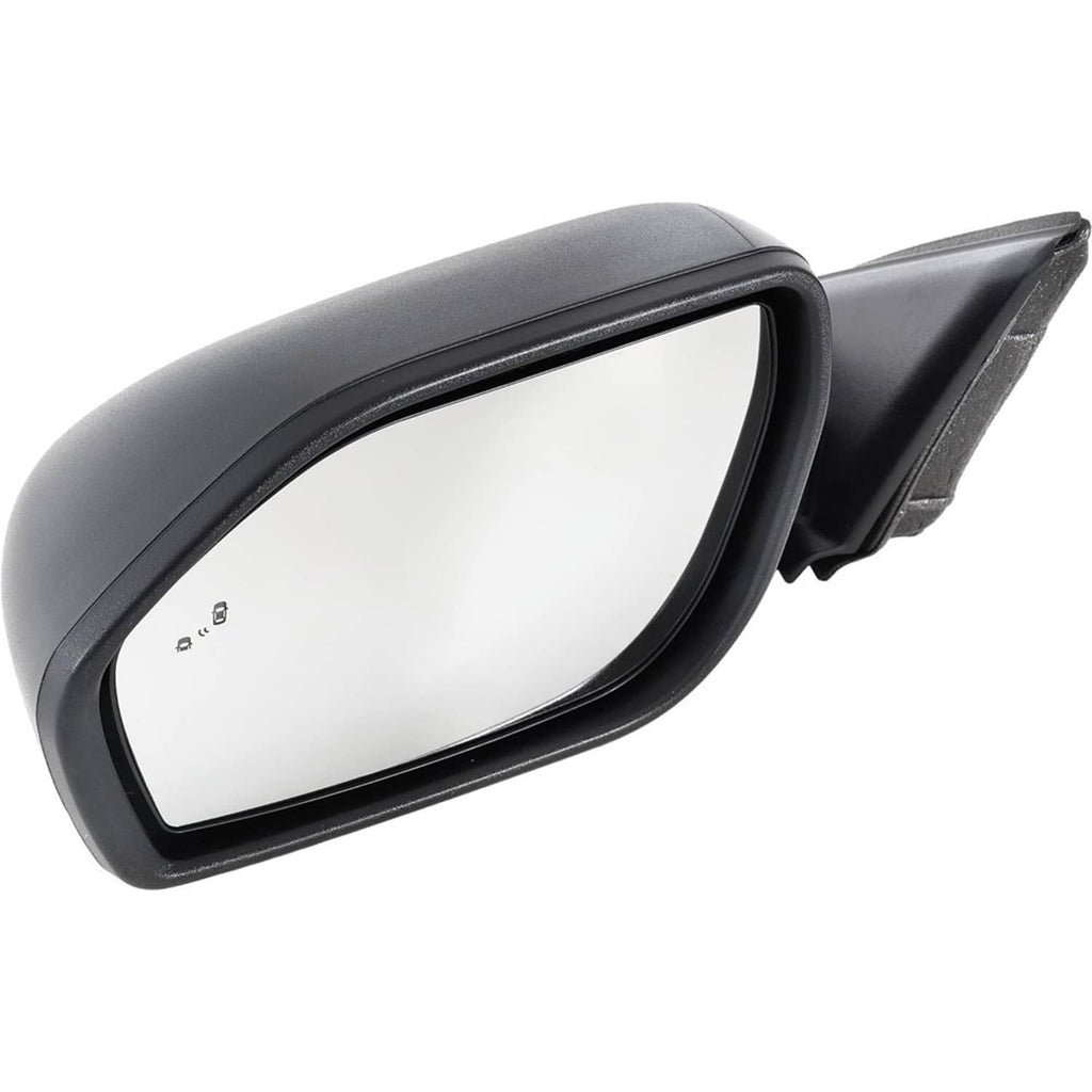 Left power side mirror with black housing and reflective glass, close-up angle view.