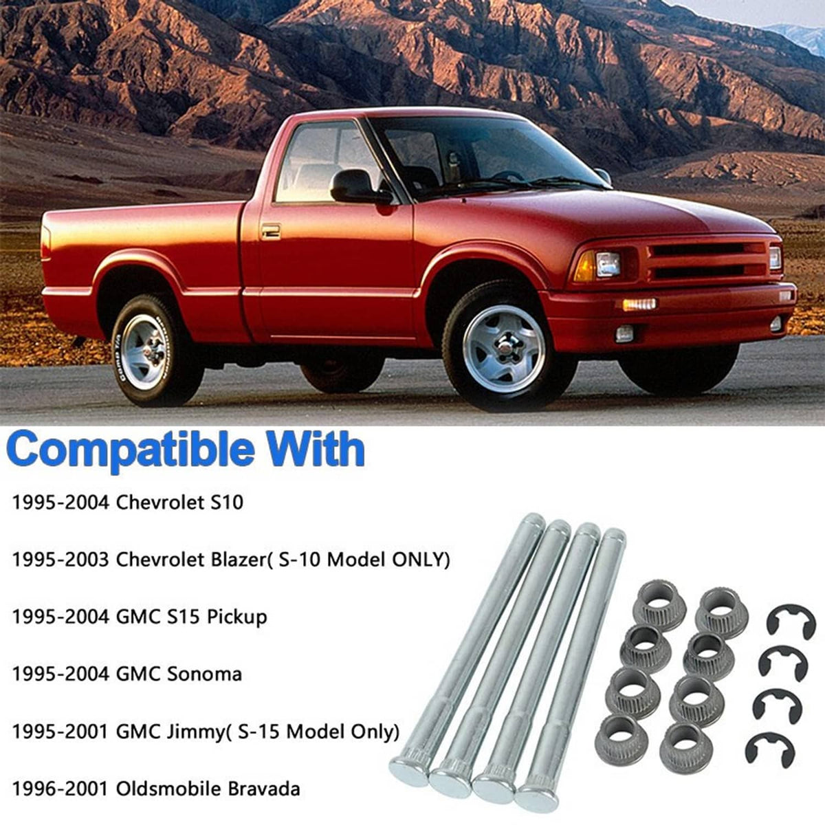 Door hinge pin and bushing kit with metal pins, black bushings, and retaining clips