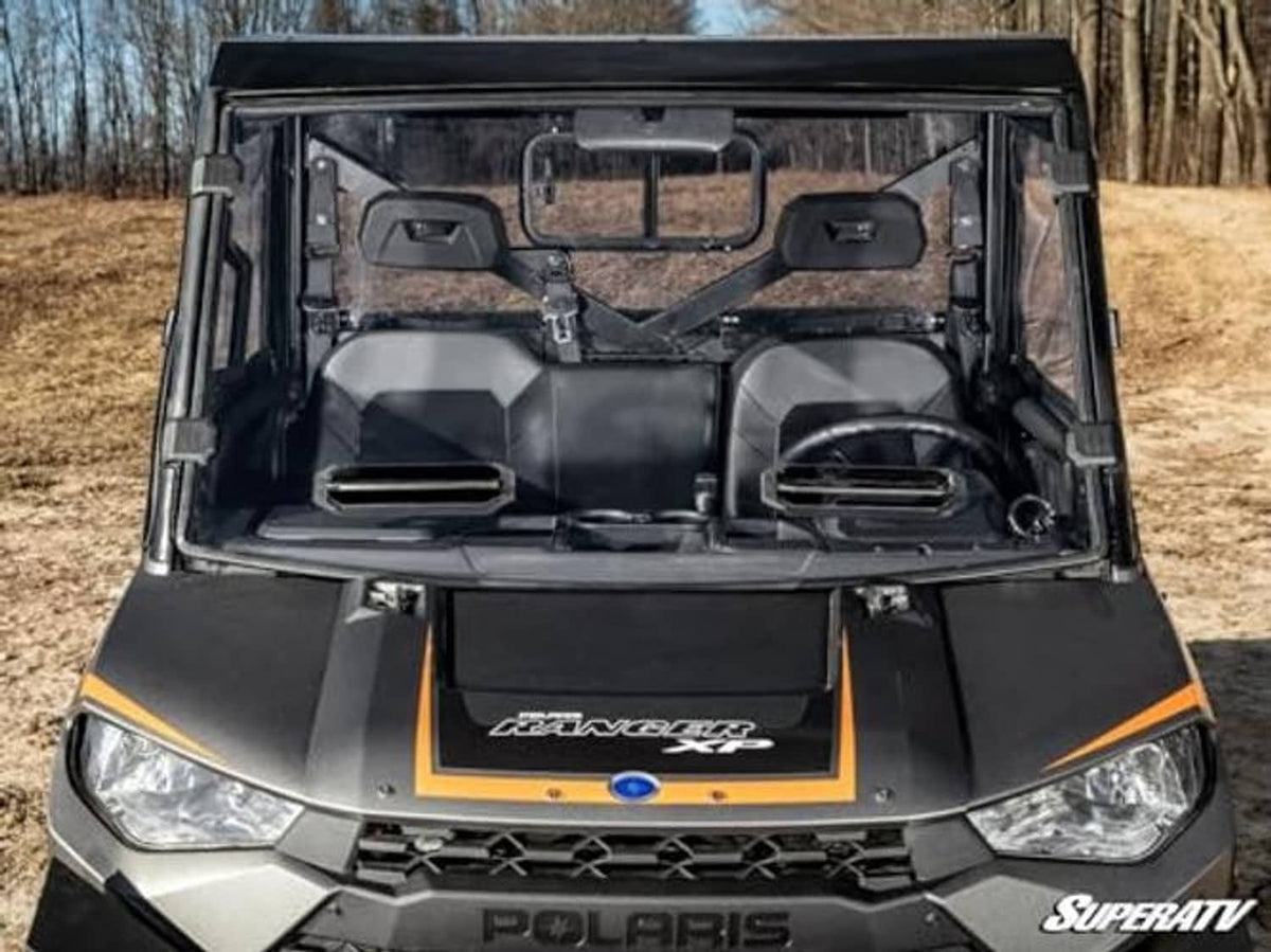 Front view of side-by-side with preinstalled vented full windshield and black frame