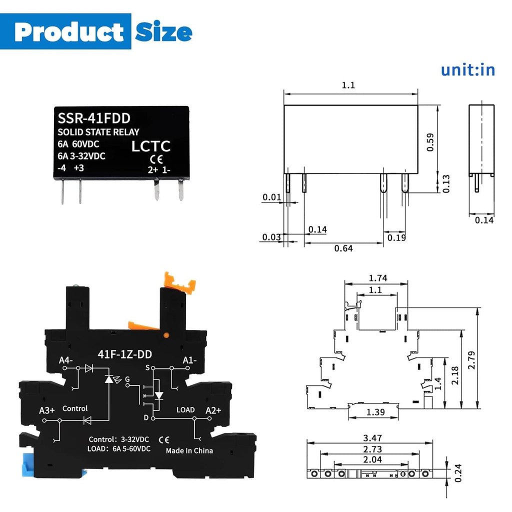 Solid state relay size diagram with dimensions, pin layout, and model SSR-41FDD.
