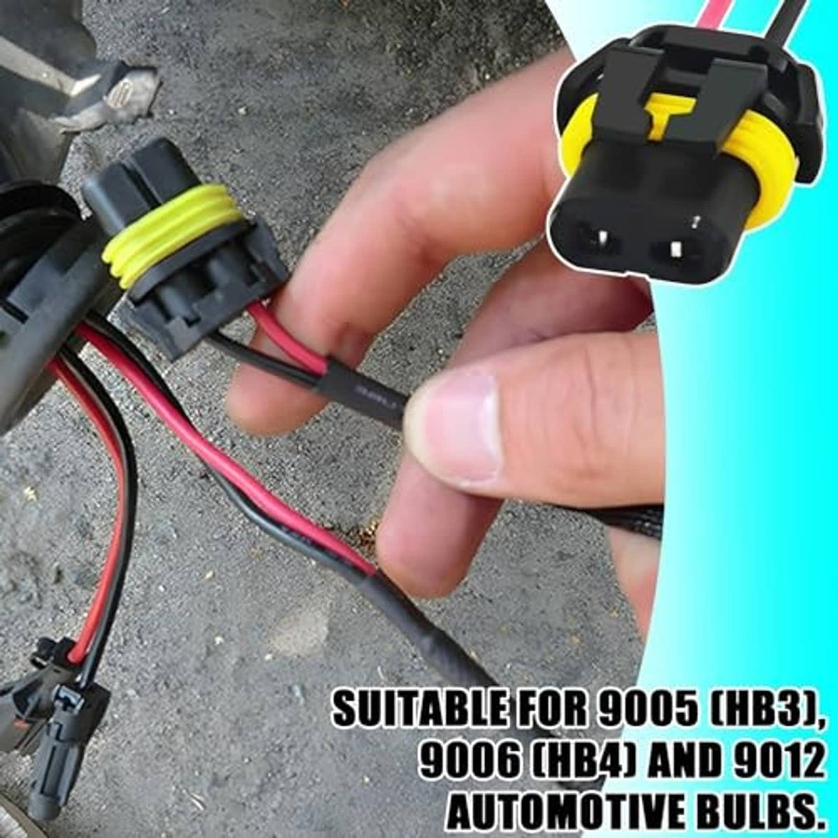 Close-up of headlight wiring pigtail female connector with yellow tabs and red/black wires