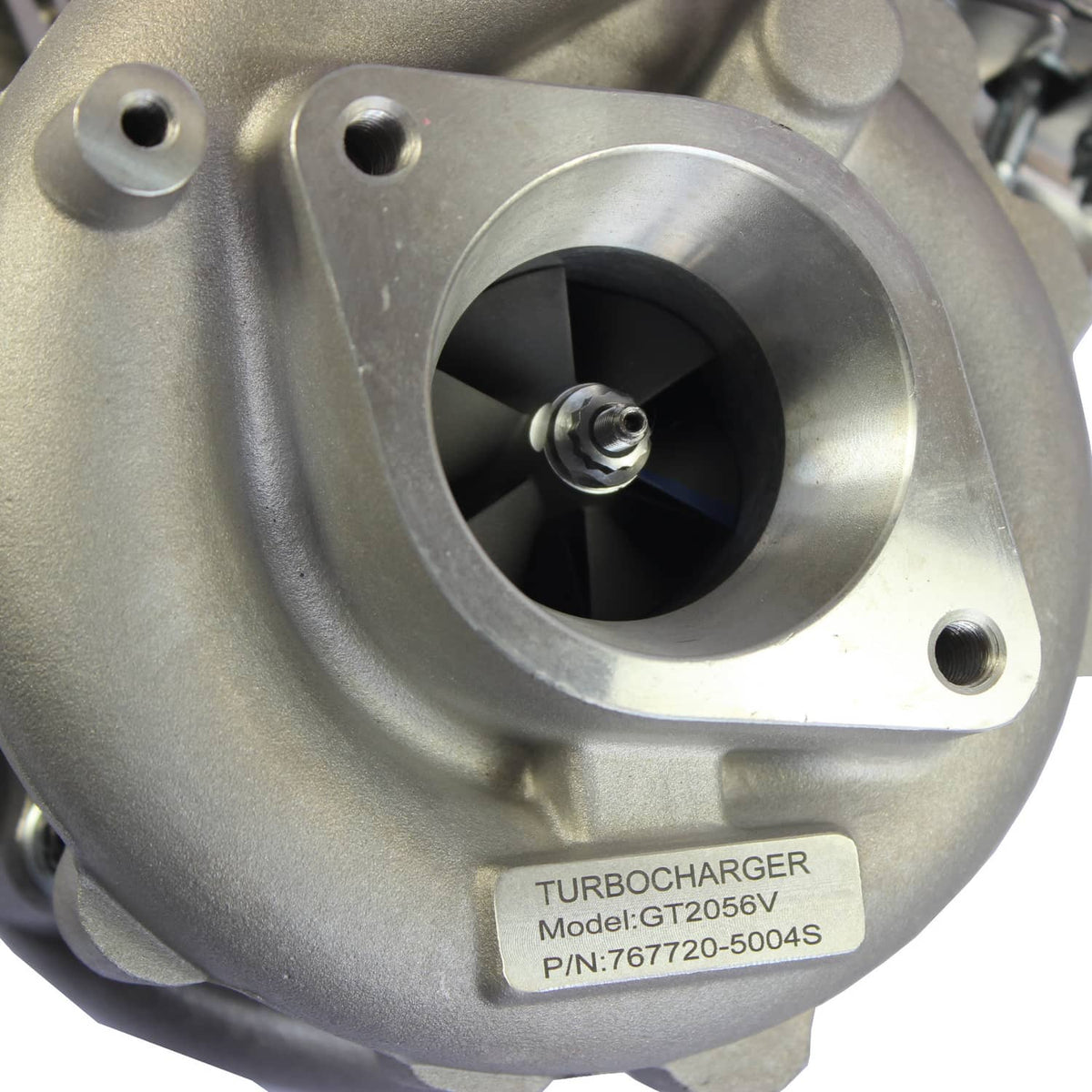 Close-up of turbocharger inlet and label showing Model GT2056V