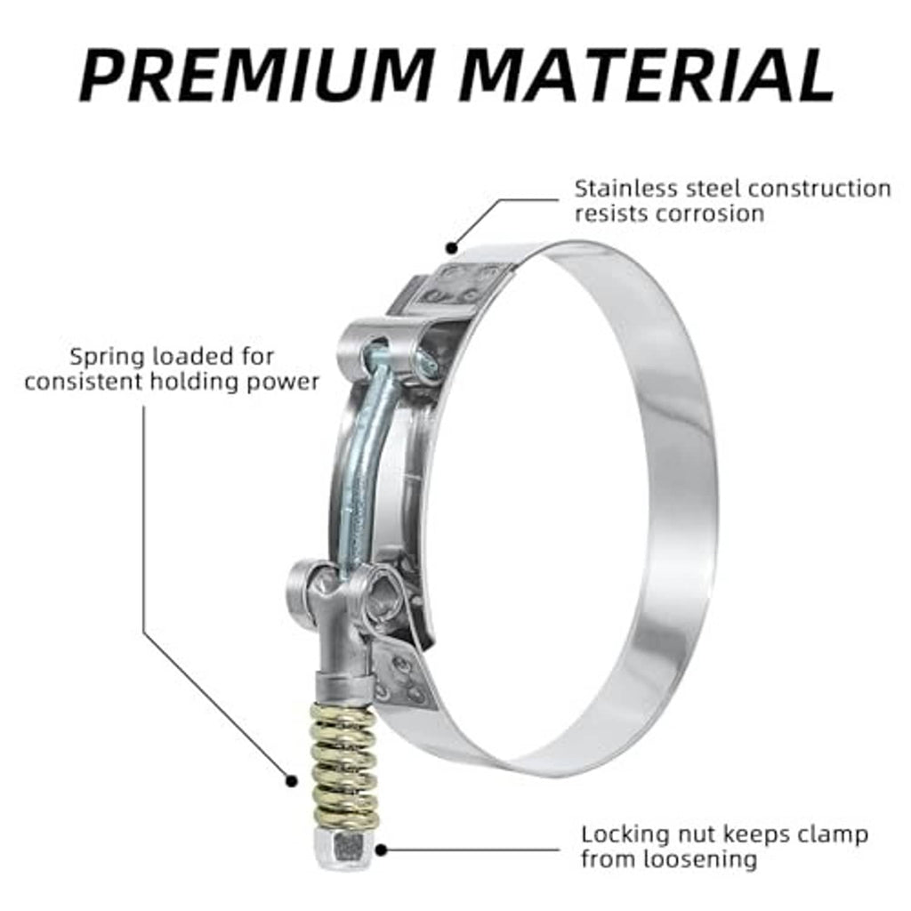 Stainless T-bolt hose clamp with spring, locking nut, and corrosion-resistant band