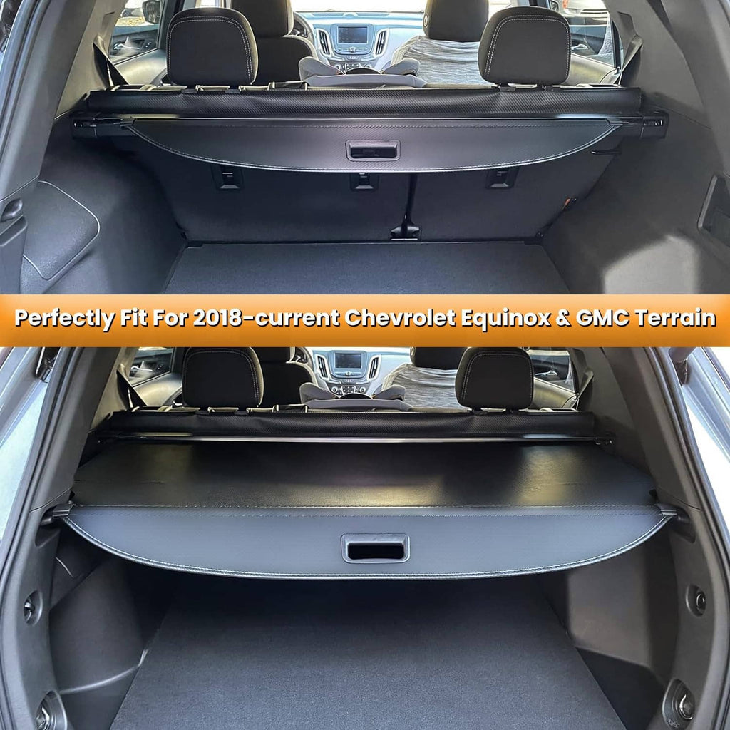 Black retractable rear trunk cargo cover installed, covering the cargo area