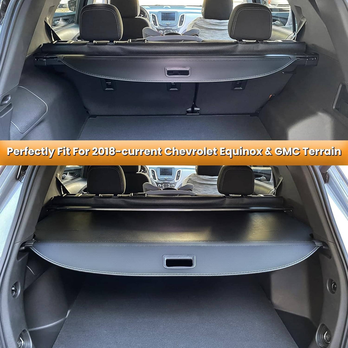 Black retractable rear trunk cargo cover installed, covering the cargo area