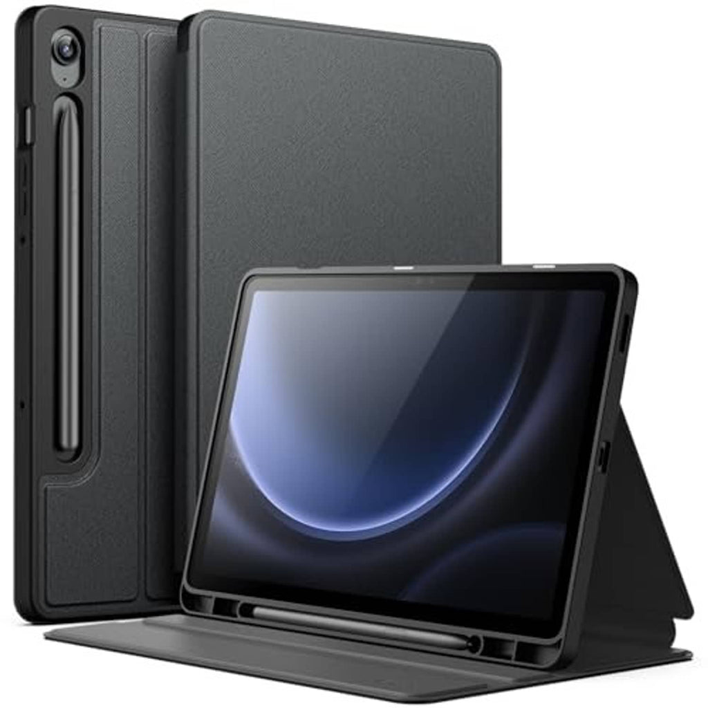 Black folio case with textured back and kickstand, camera opening