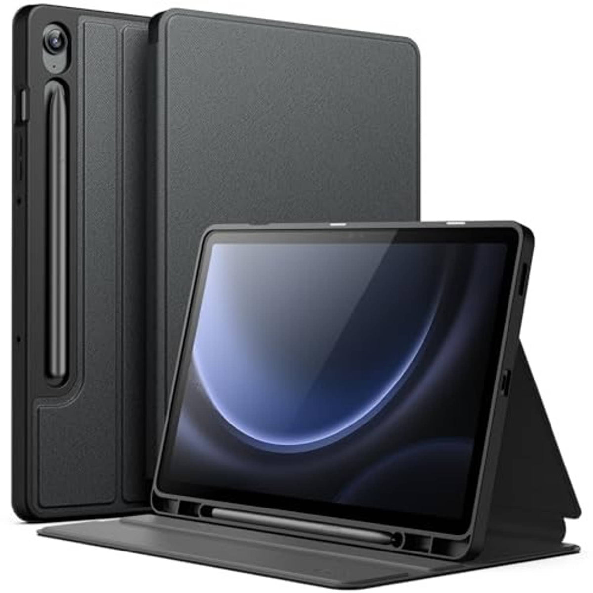 Black folio case with textured back and kickstand, camera opening