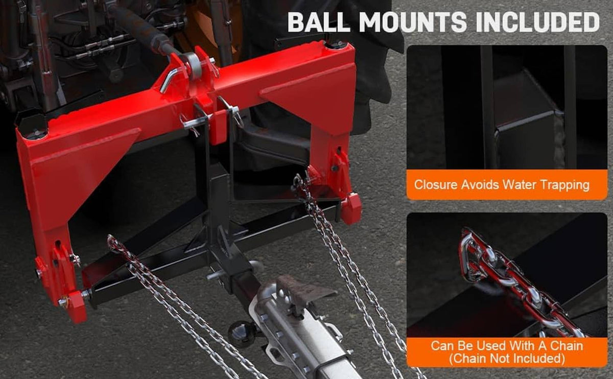 Black hitch receiver with included ball mounts and safety chain attachment points