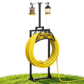 Black hose holder stand with curled yellow hose and two lantern-style shepherd hooks