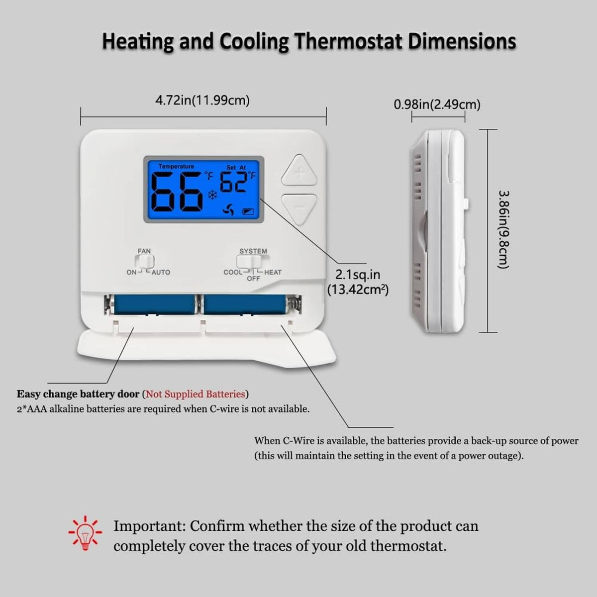 Wall thermostat dimensions diagram with blue display and side view measurements