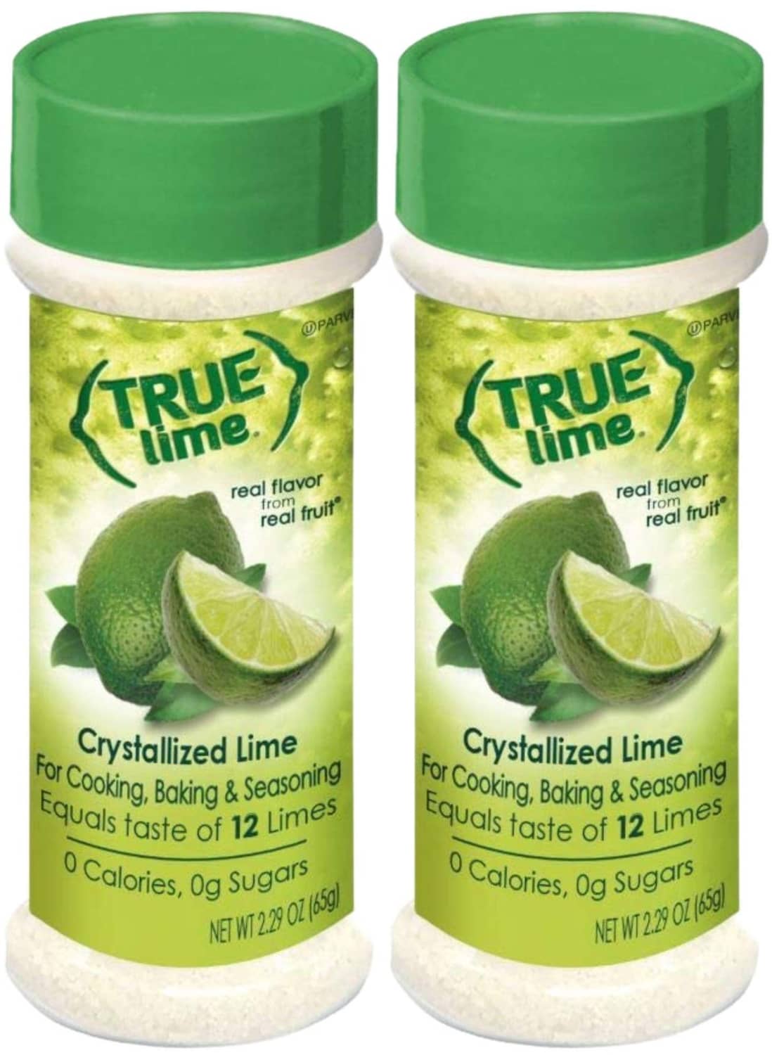 True Lime shaker seasoning bottle with green cap, crystallized lime label, 2-pack