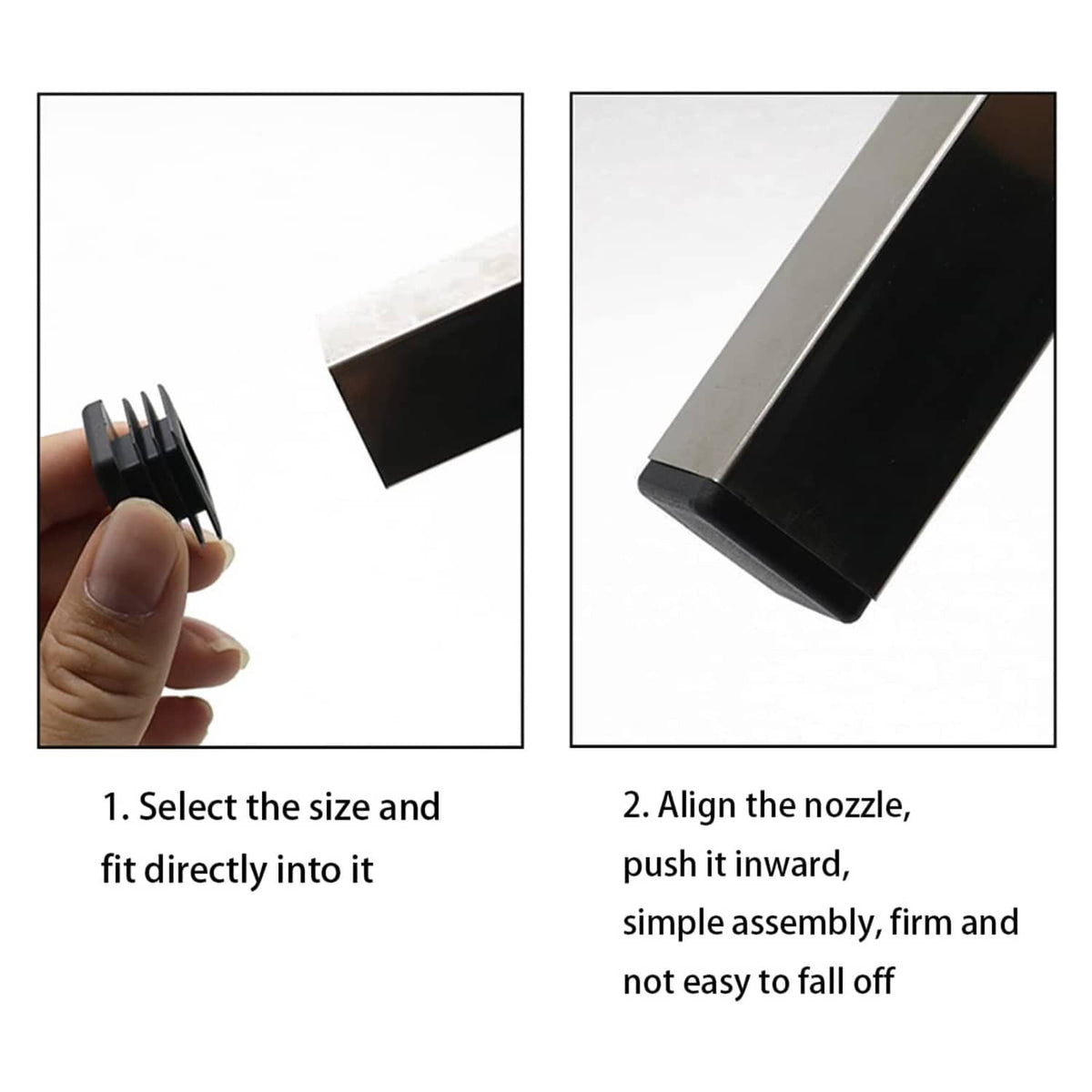 Square plastic tubing end cap inserted into tube opening, dark threaded design