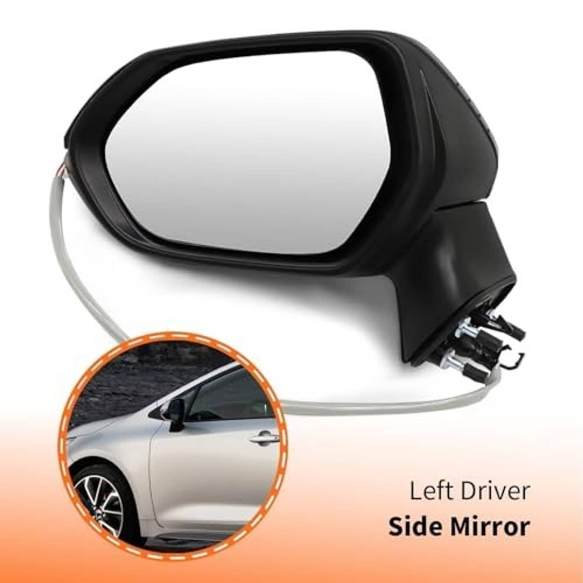Left driver side mirror assembly with black housing, reflective glass, and wiring pigtail