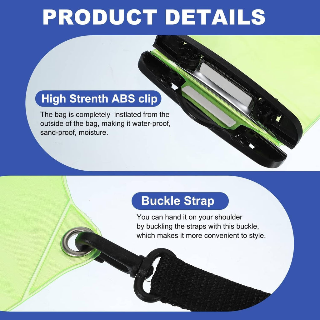 Green waterproof walkie talkie case detail: ABS clip and buckled strap connection