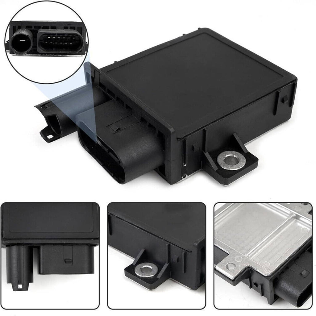 Glow plug control module with black casing, silver top plate, and mounting bracket