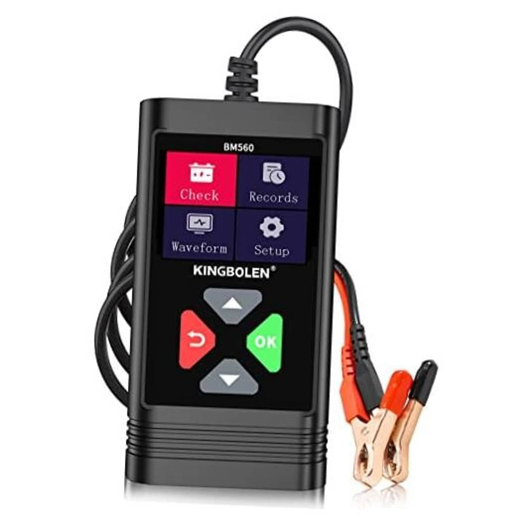 Car battery tester with color screen and red/green/gray buttons, plus battery clamps