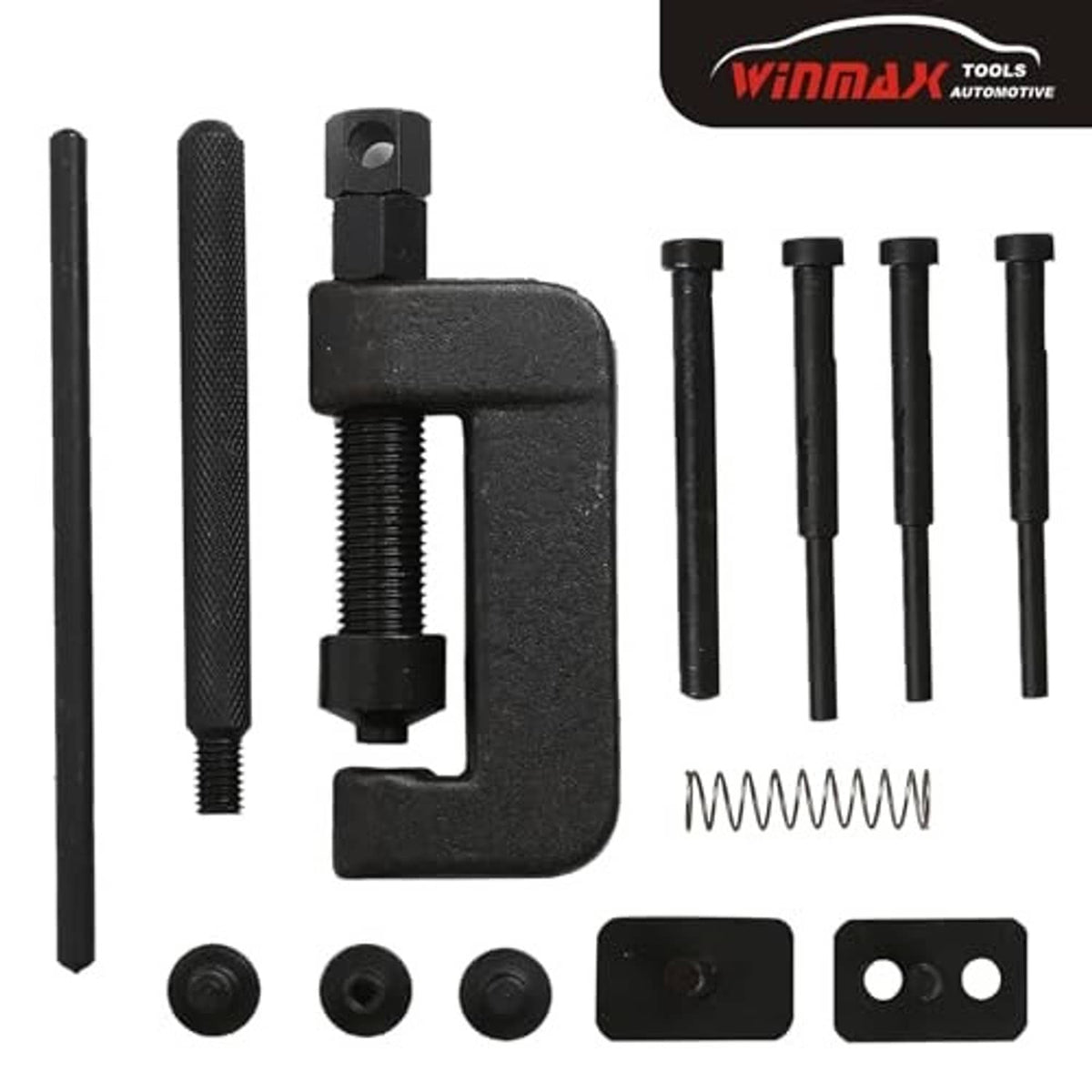 Chain breaker riveter components set: black press tool, handle, pins, and spring