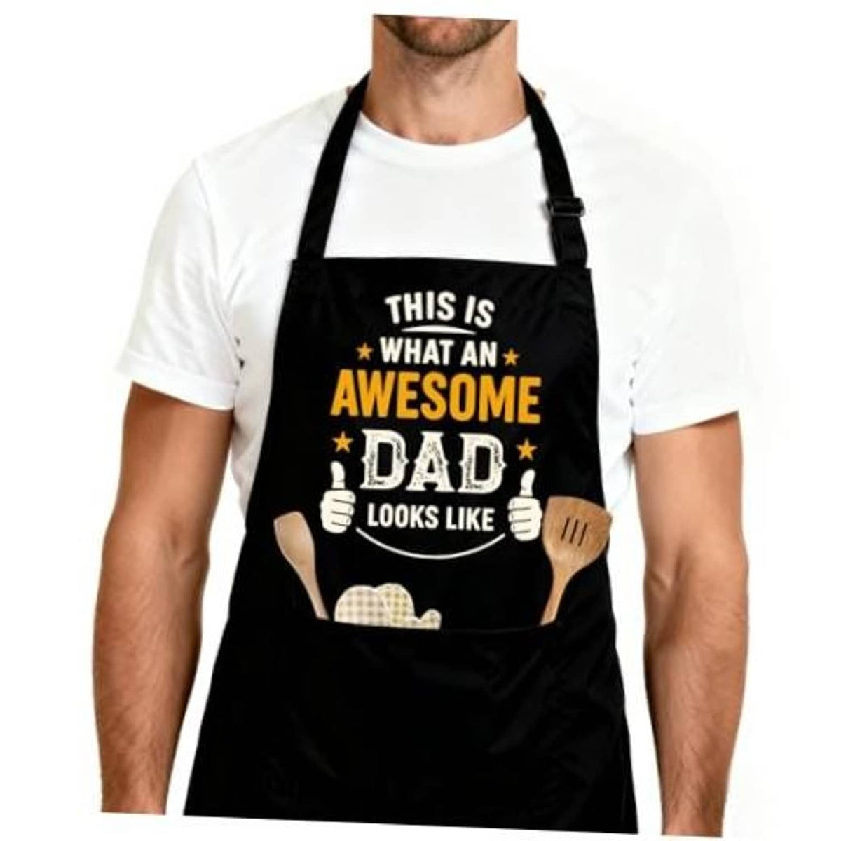 Black grill apron with adjustable neck strap and “Awesome Dad” front graphic