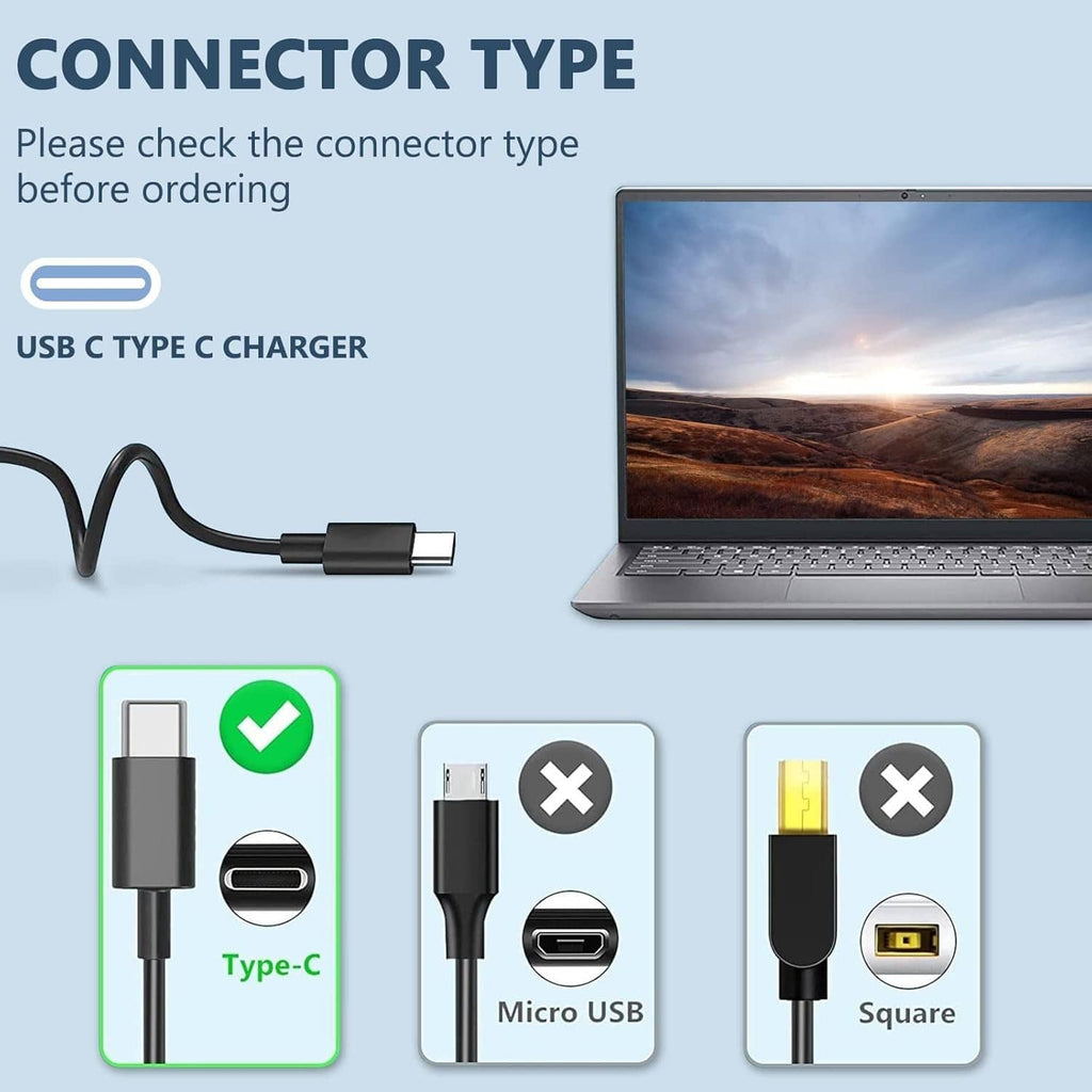 USB-C connector type guide for black power adapter, showing Type-C plug