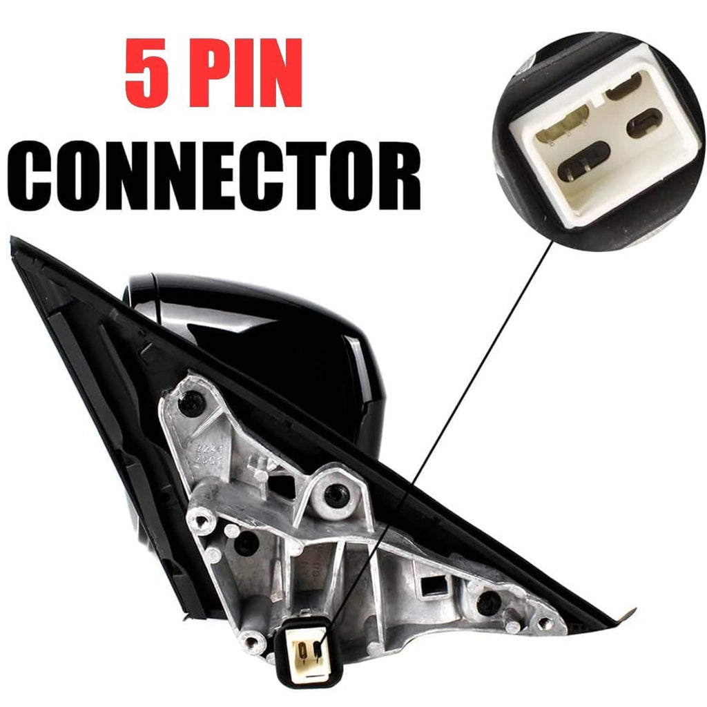 Left driver-side mirror housing with 5-pin electrical connector, black finish