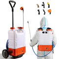 Wheeled battery backpack sprayer cart with white tank, orange base, black wand, and wheels